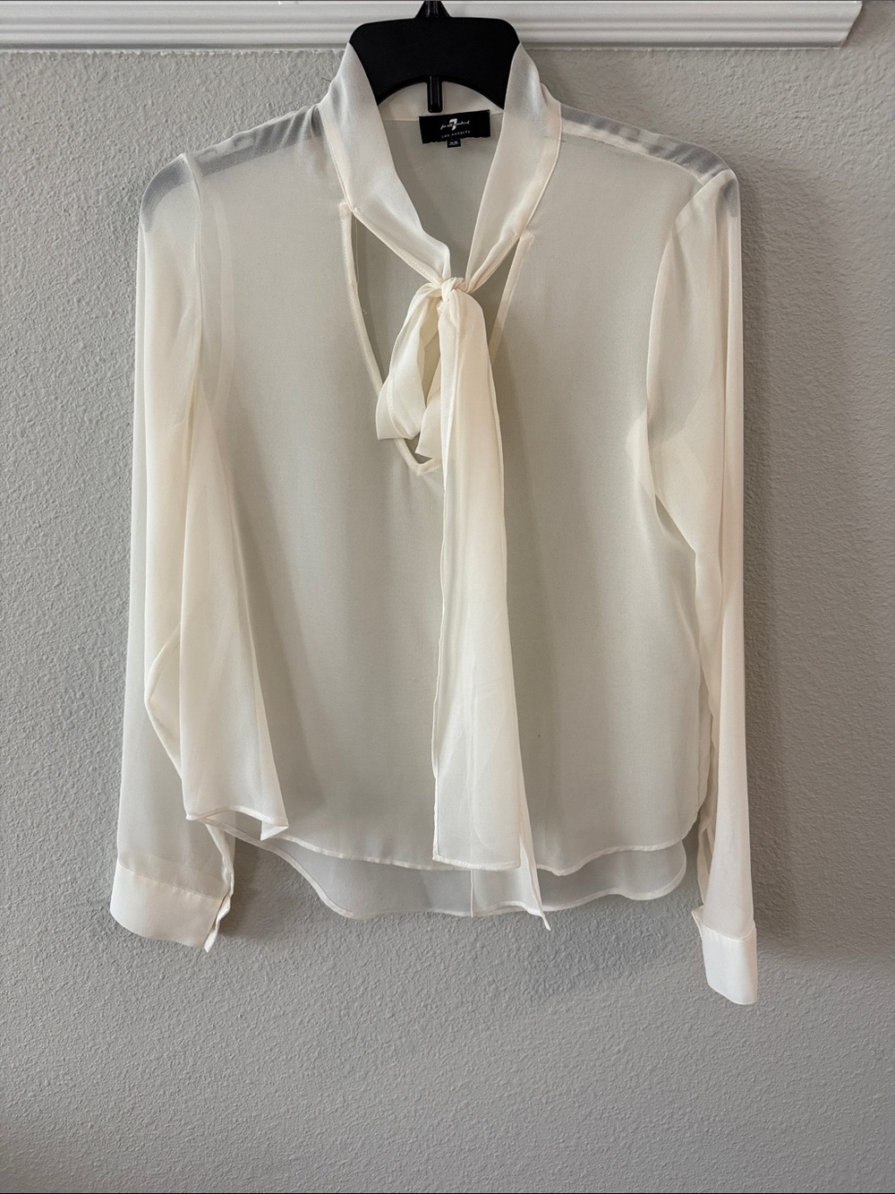 7 For All Mankind Cream Tie-Neck Sheer Blouse - Elegant Women's Top